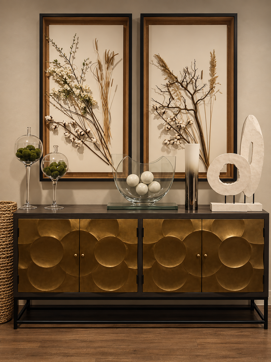 A coordinated pair of framed botanical compositions by Geuzane shown in a room visualization